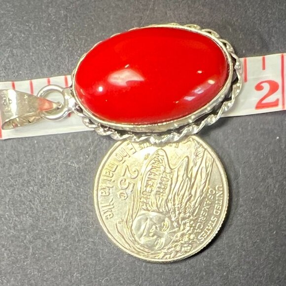 Red Coral Oval 925 Pendant on Necklace Choker Torque 925 Twisted Collar - Picture 5 of 6